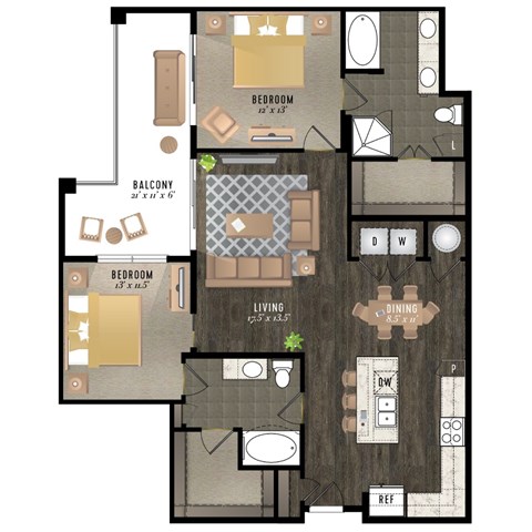 Floor plan for 2 beds, 2 baths, 1243 sqft
